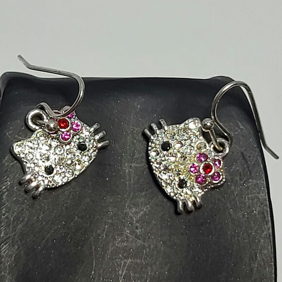 Hello Kitty Rhinestone Pin and Dangle Earrings Set Purple Pink flower Sanrio - Picture 5 of 8